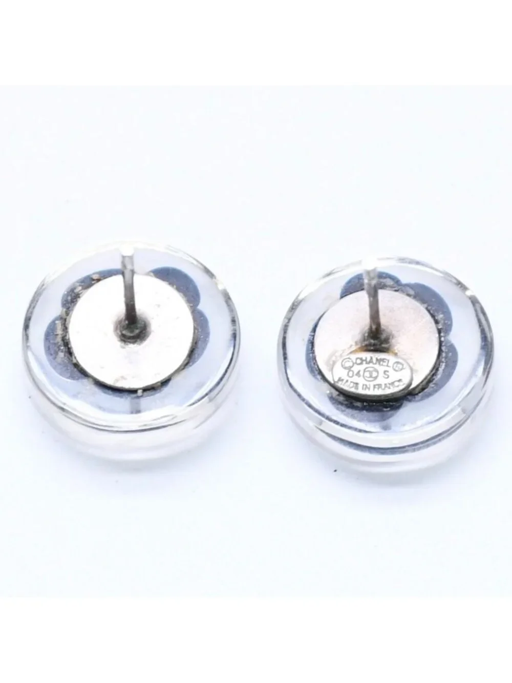 Chanel CC Logo Button Earrings 04 Camellia Clear Black White Resin